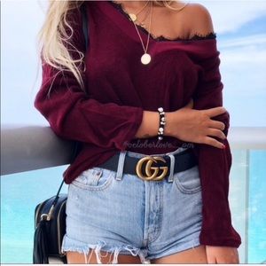 NWOT Off the Shoulder V-neck Lace Trim Burgundy Sweater